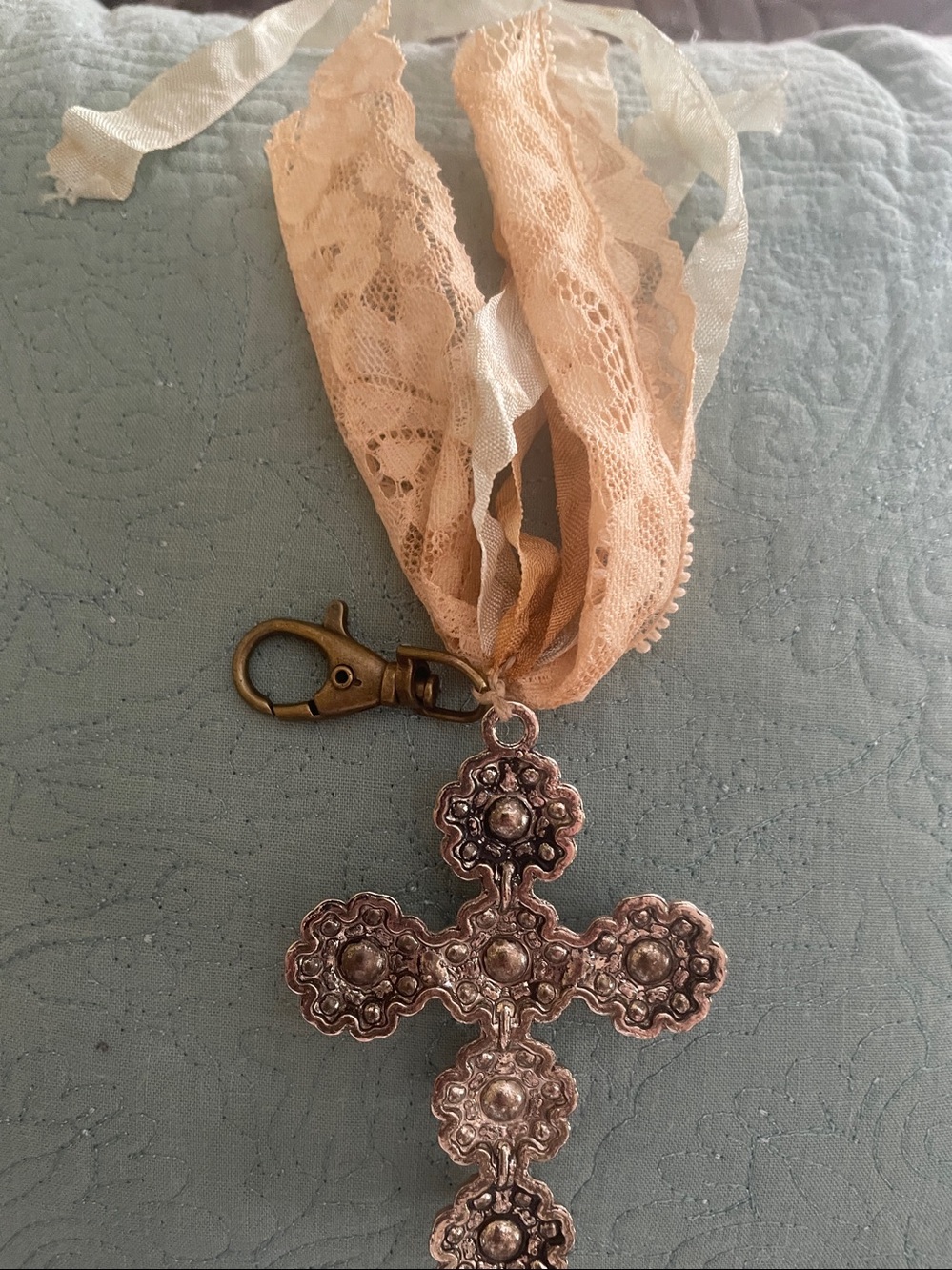 Boho Vintage Cross Pendant Necklace | Lace & Silk Ribbon Choker | Rhinestone - Picture 7 of 7